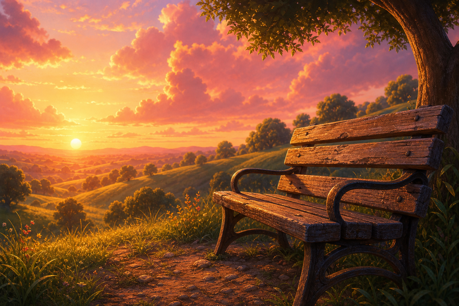 A weathered empty park bench at golden hour overlooking rolling hills and a setting sun