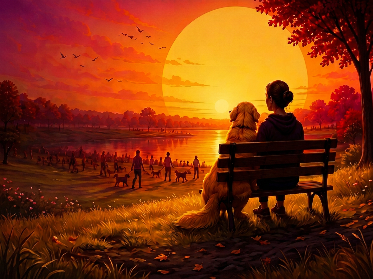 Soul Dog Park — a golden hour park scene with a person and dog on a bench, flowers, and a warm sunset